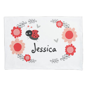 Niedliche Ladybug und Blume rot und schwarz Kissenbezug