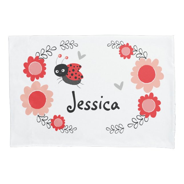 Niedliche Ladybug und Blume rot und schwarz Kissenbezug (Vorderseite)