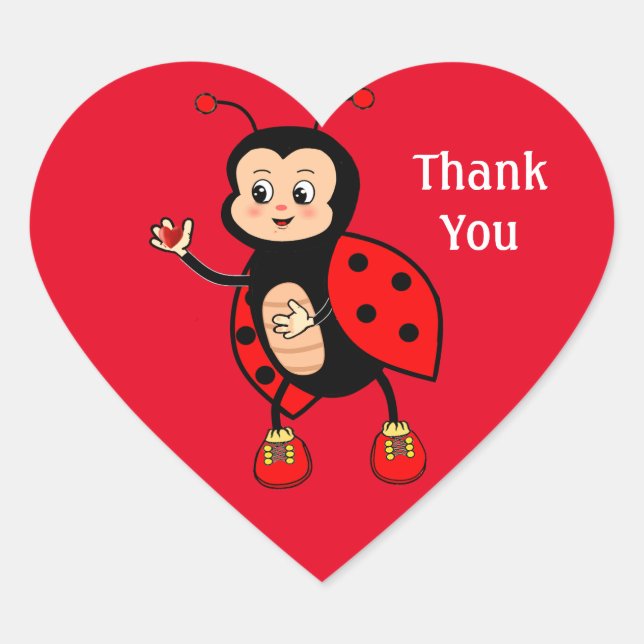 Niedliche Ladybug und Herz auf Rot Vielen Dank Herz-Aufkleber (Vorderseite)