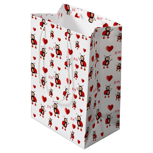 Niedliche Ladybugs auf Weiß Mittlere Geschenktüte (Rückseite Schrägansicht)