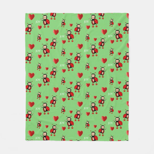 Niedliche Ladybugs, Herz und Jootext auf Light Gre Fleecedecke (Vorderseite)