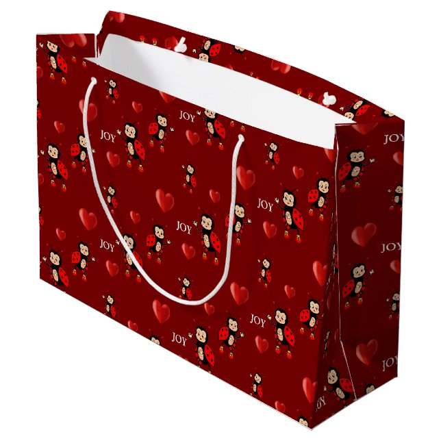 Niedliche Ladybugs, Herz und Joy Text auf Red Große Geschenktüte (Rückseite Schrägansicht)