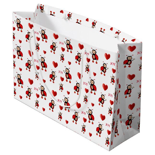 Niedliche Ladybugs, Herz und Joy Text auf Weiß Große Geschenktüte (Rückseite Schrägansicht)
