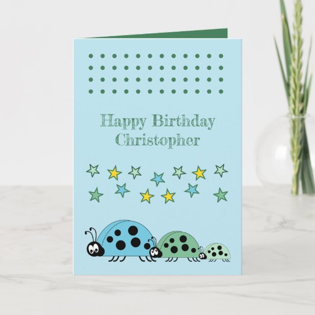 Niedliche Ladybugs Sterne Blauer Kindergeburtstag Karte (Vorderseite)