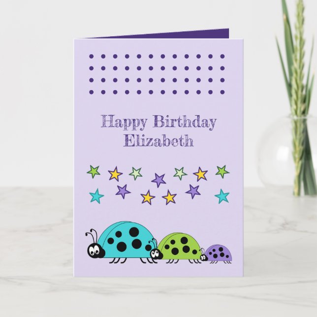 Niedliche Ladybugs Sterne lila Kindergeburtstag Karte (Vorderseite)
