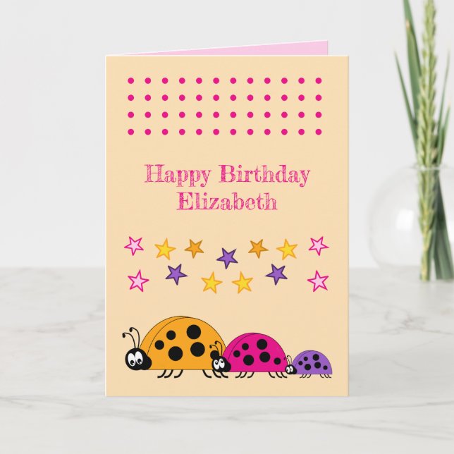 Niedliche Ladybugs Sterne Rosa Kindergeburtstag Karte (Vorderseite)