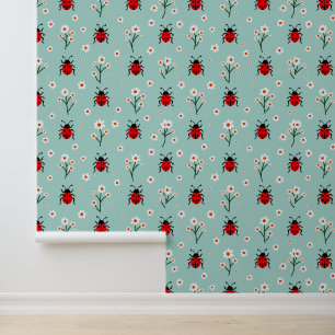 Niedliche Ladybugs und Daisies-Muster auf Minze Gr Tapete