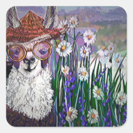 .Niedliche Lama-Kunst mit Brille. Und Kunst Quadratischer Aufkleber