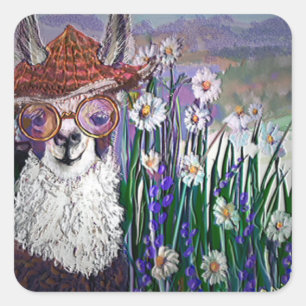 .Niedliche Lama-Kunst mit Brille. Und Kunst Quadratischer Aufkleber