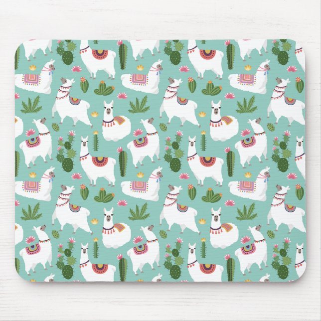 Niedliche Lamas auf aquamarinem Muster Mousepad (Vorne)