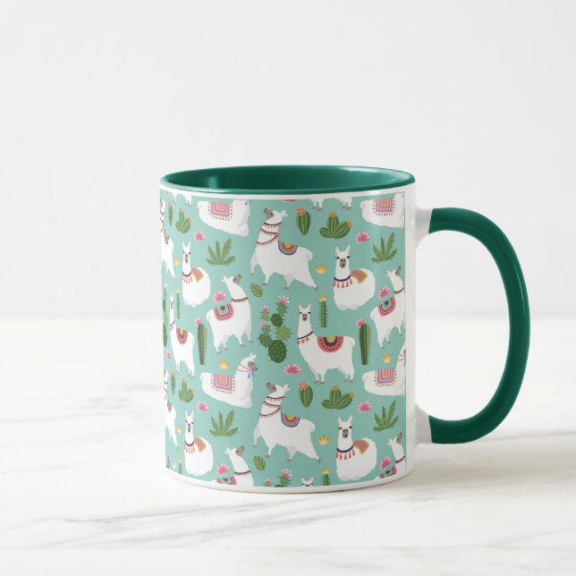 Niedliche Lamas auf aquamarinem Muster Tasse (Rechts)