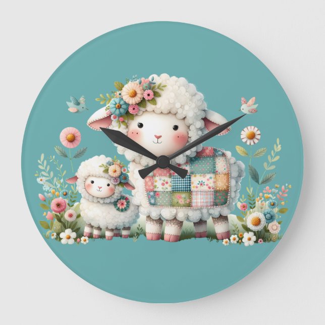 Niedliche Lämmer mit Akzenten aus Blumen und Patch Große Wanduhr (Vorderseite)