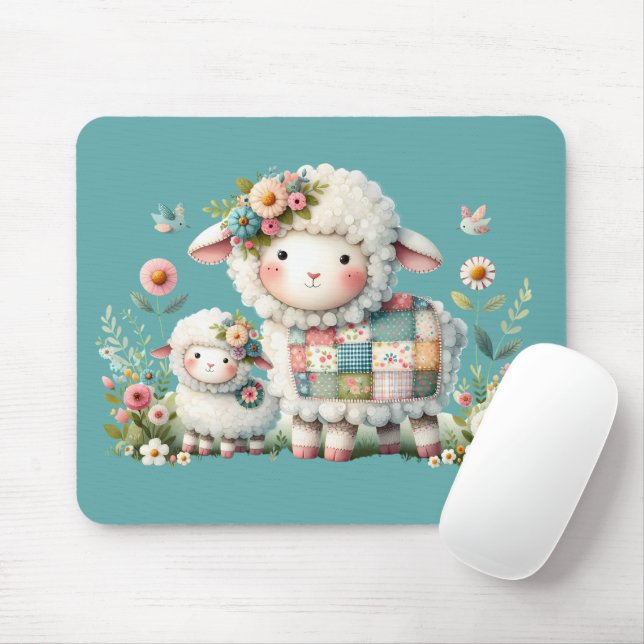 Niedliche Lämmer mit Akzenten aus Blumen und Patch Mousepad (Mit Mouse)
