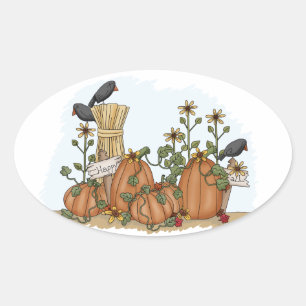 Niedliche Land-Kürbis-und Krähen-Fall-Illustrati Ovaler Aufkleber