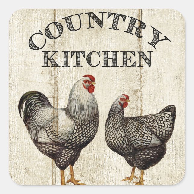 Niedliche Landküche Rooster und Huhn Quadratischer Aufkleber (Vorderseite)