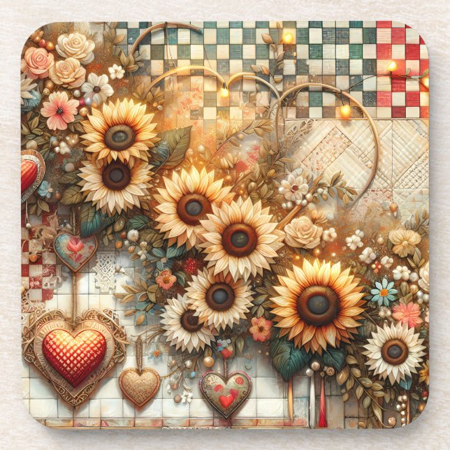 Niedliche Landpatchwork mit Sonnenblumen Getränkeuntersetzer (Vorderseite)