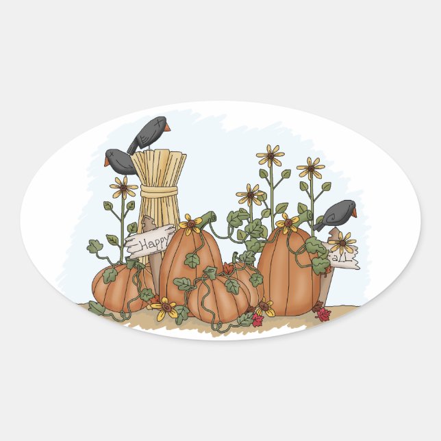 Niedliche Landpumpen und Krähen Fall Illustration Ovaler Aufkleber (Vorderseite)