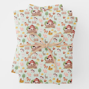 Niedliche Landtiere auf blassgrünen Flächen Geschenkpapier Set