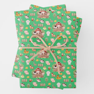 Niedliche Landtiere auf grünen Flächen Geschenkpapier Set