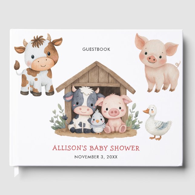 Niedliche Landtiere Barnyard Babydusche Gästebuch (Vorderseite)