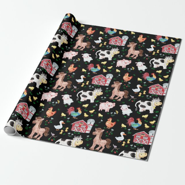 Niedliche Landtiere Barnyard Black Geschenkpapier (Ungerollt)
