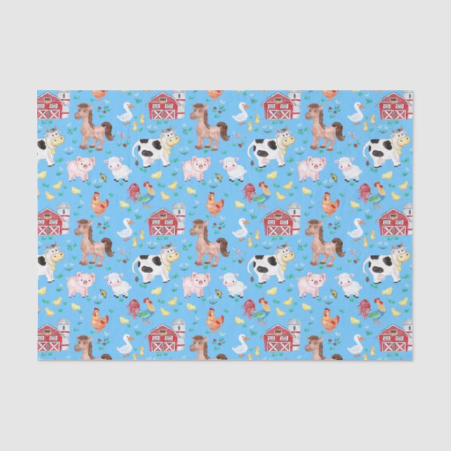 Niedliche Landtiere Barnyard Blue Background Seidenpapier (Vorderseite)