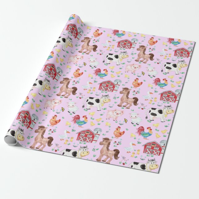 Niedliche Landtiere Barnyard Rosa Hintergrund Geschenkpapier (Ungerollt)