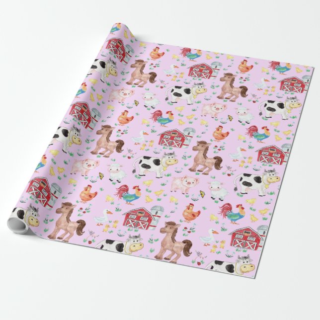 Niedliche Landtiere Barnyard Rosa Hintergrund Geschenkpapier (Ungerollt)