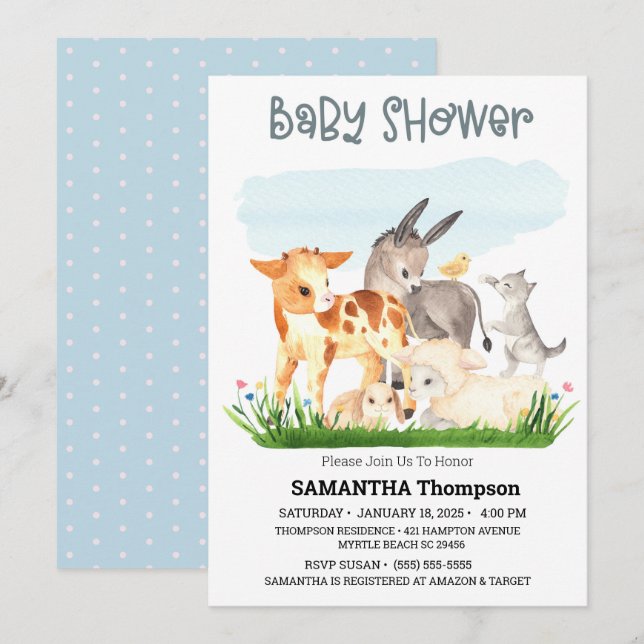 Niedliche Landtiere Blue Boys Baby Dusche Einladung (Vorne/Hinten)