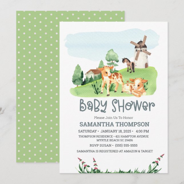 Niedliche Landtiere Grüne Kinderdusche Einladung (Vorne/Hinten)