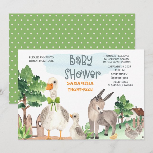 Niedliche Landtiere Grüne Kinderdusche Einladung (Vorne/Hinten)