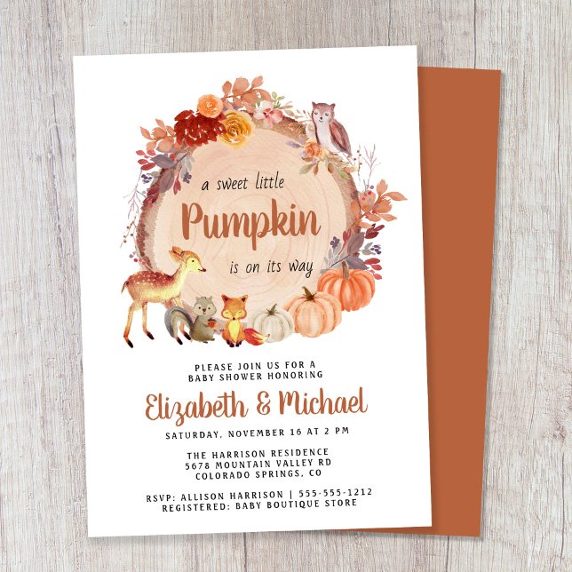 Niedliche Landtiere Pumpkin Paare Kinderdusche Einladung (Celebrate the upcoming arrival of your sweet little autumn baby with a pumpkin-themed baby shower)