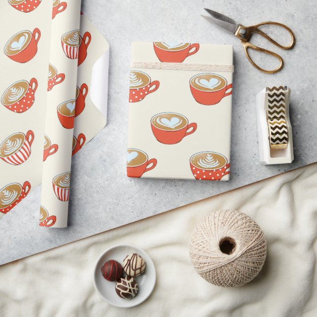 Niedliche Latte Art in Red Coffee Mugs Muster Geschenkpapier (Kunsthandwerk)