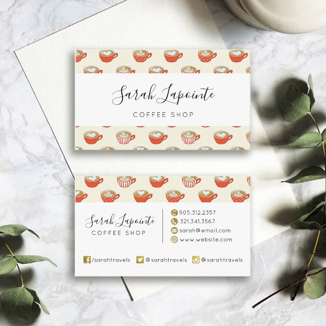 Niedliche Latte Art in Red Coffee Mugs Muster Visitenkarte (Coffee Shop Red Latte Art Pattern Business Card)