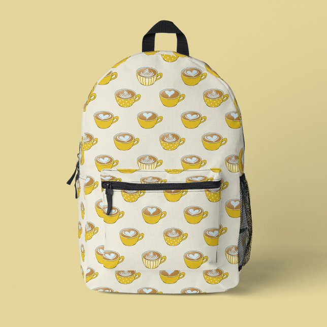 Niedliche Latte Art in Yellow Coffee Mugs Muster Bedruckter Rucksack (Yellow Latte Art Pattern Backpack)