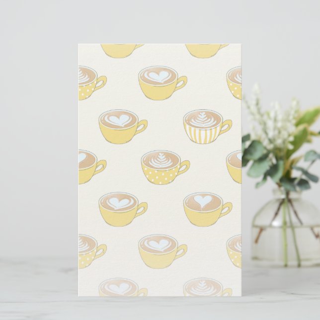 Niedliche Latte Art in Yellow Coffee Mugs Muster Briefpapier (Stehend Vorderseite)
