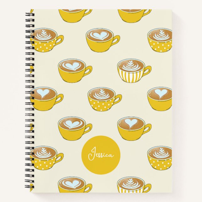 Niedliche Latte Art in Yellow Coffee Mugs Muster Notizbuch (Vorderseite)