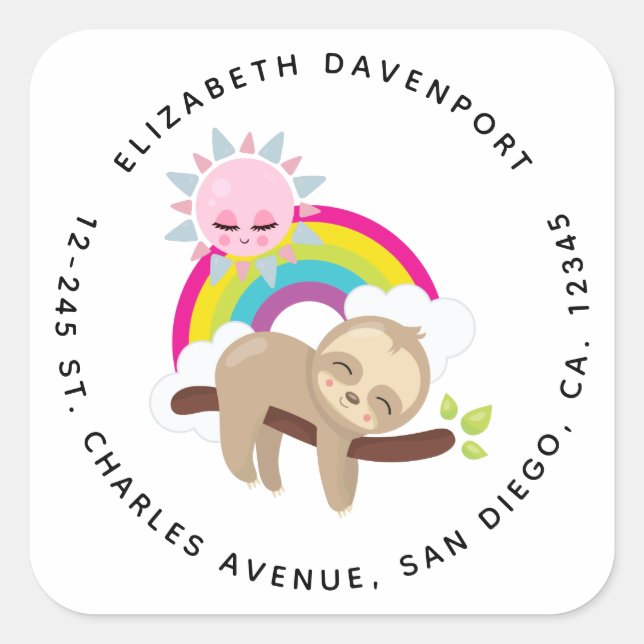 Niedliche Lazy-Sloth mit Sun & Rainbow Quadratischer Aufkleber (Vorderseite)