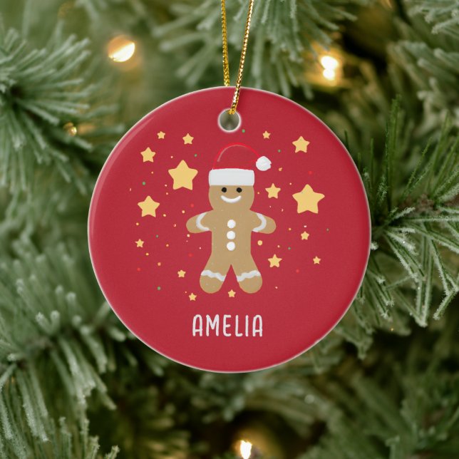 Niedliche Lebkuchenfrau und Sterne Personalisiert  Keramik Ornament (Baum)