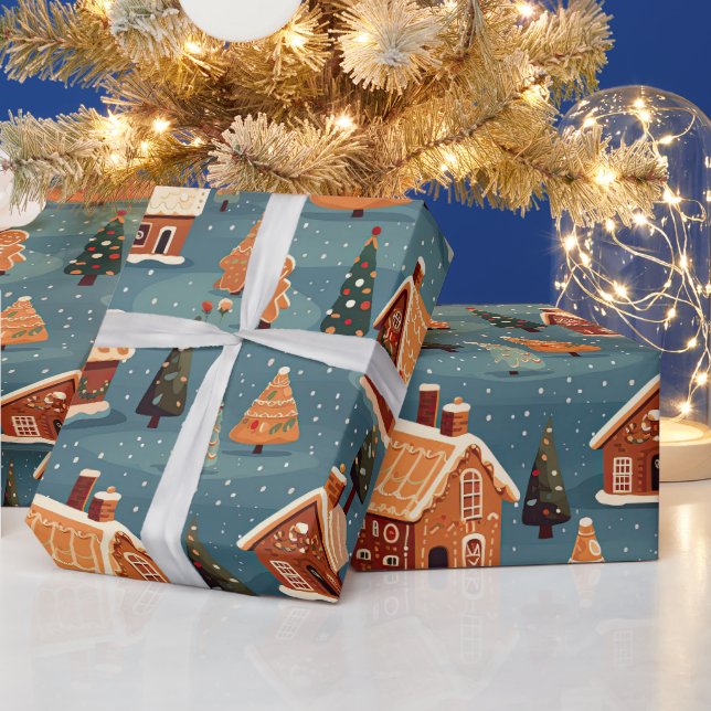 Niedliche Lebkuchenhäuser und Bäume Geschenkpapier (Feiertage)