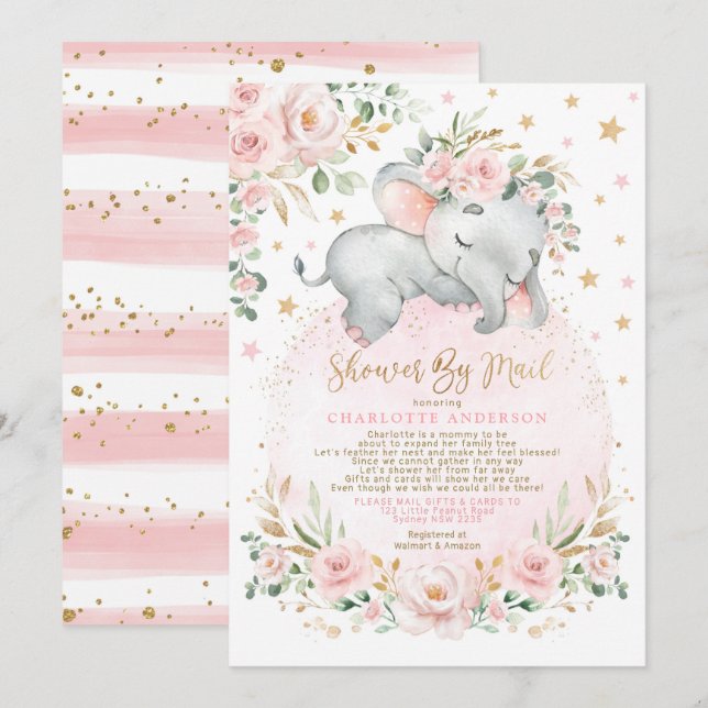 Niedliche leepy Elephant Pink Gold Babydusche per  Einladung (Vorne/Hinten)