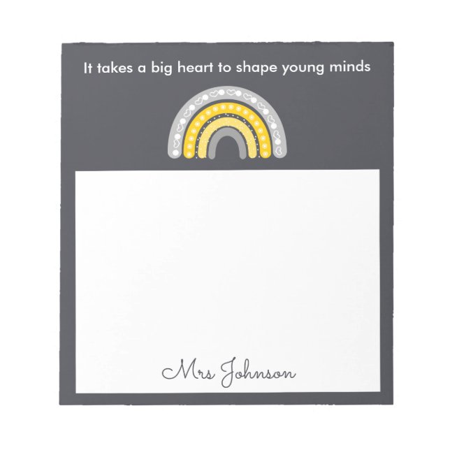 Niedliche Lehrer Boho Rainbow auf Grau Notepad Notizblock (Vorderseite)
