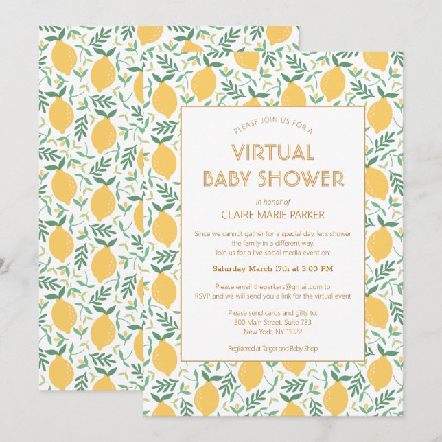 Niedliche Lemon Citrus Foliage Virtual Baby Dusche Einladung (Vorne/Hinten)