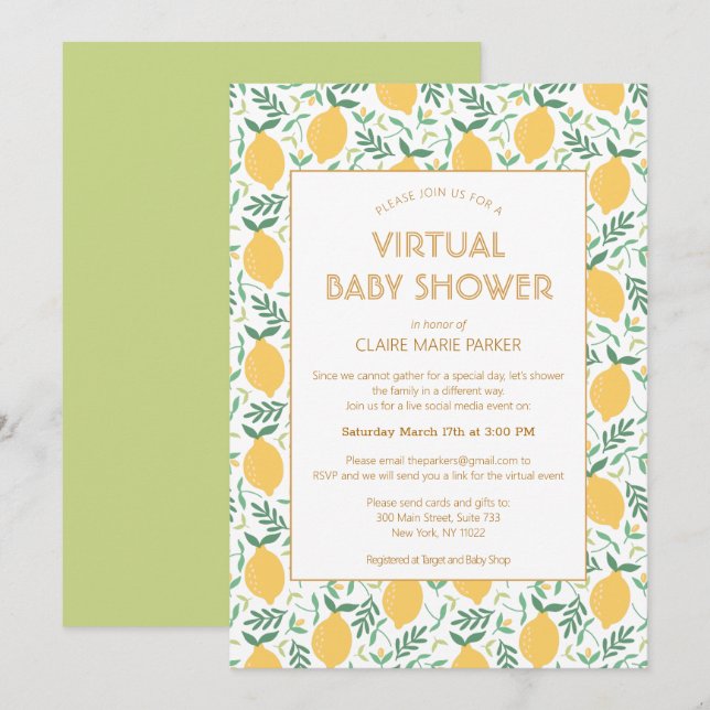 Niedliche Lemon Citrus Foliage Virtual Baby Dusche Einladung (Vorne/Hinten)