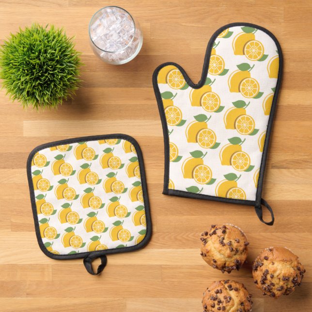 Niedliche Lemon Motifs Muster Gelb grün Ofenhandschuh & Topflappen-Set (Oben Unten)