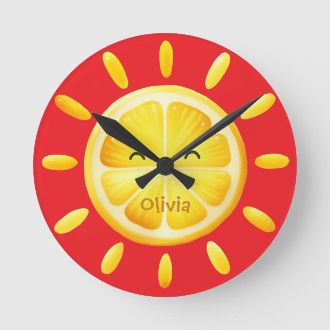 Niedliche Lemon Sun und Sonnenschirme Runde Wanduhr (Vorderseite)