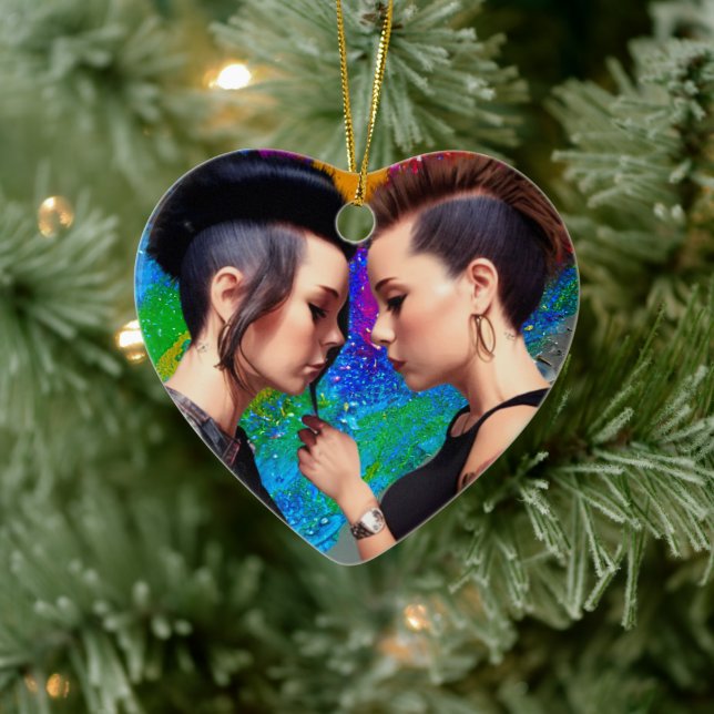 Niedliche Lesbische Couple Rainbow Art Keramik Ornament (Baum)