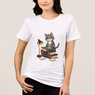 Niedliche Lesekatze: Kitten auf einem Stapel Büche Tri-Blend Shirt