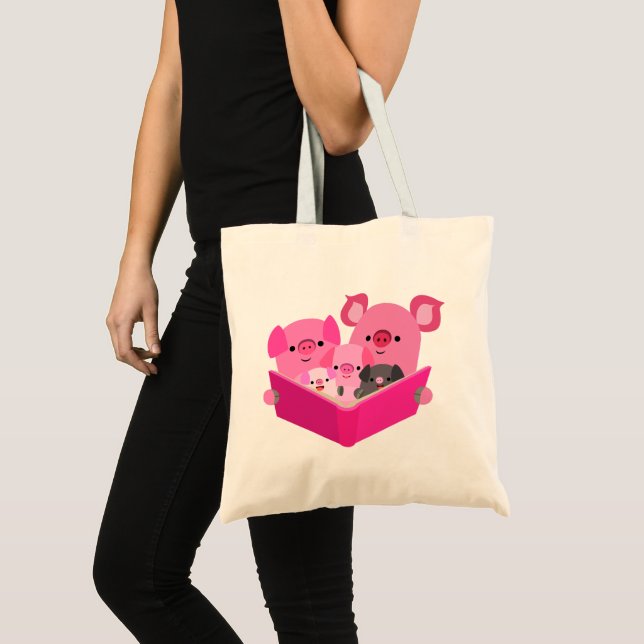 Niedliche Lesestube Cartoon Schweinebuchtel Tragetasche (Vorderseite (Produkt))