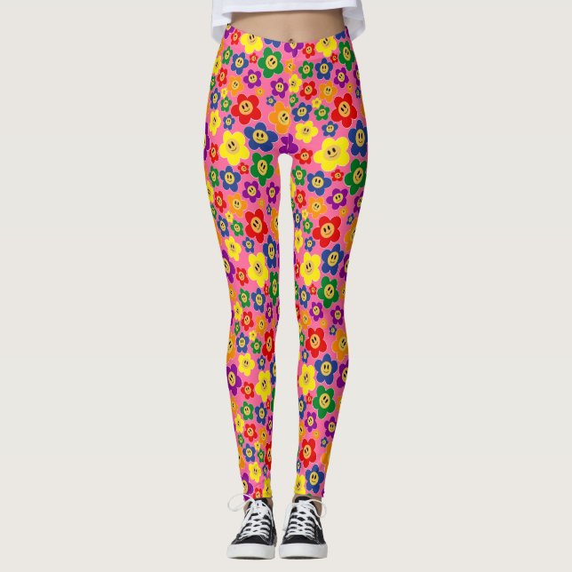 Niedliche LGBT-Regenbogen-Blume Muster-Rosa Leggings (Vorderseite)